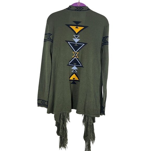 Kristin Nicole Sweater Women M Green Cardigan Fringe Boho Chevron Western Aztec - Picture 1 of 11